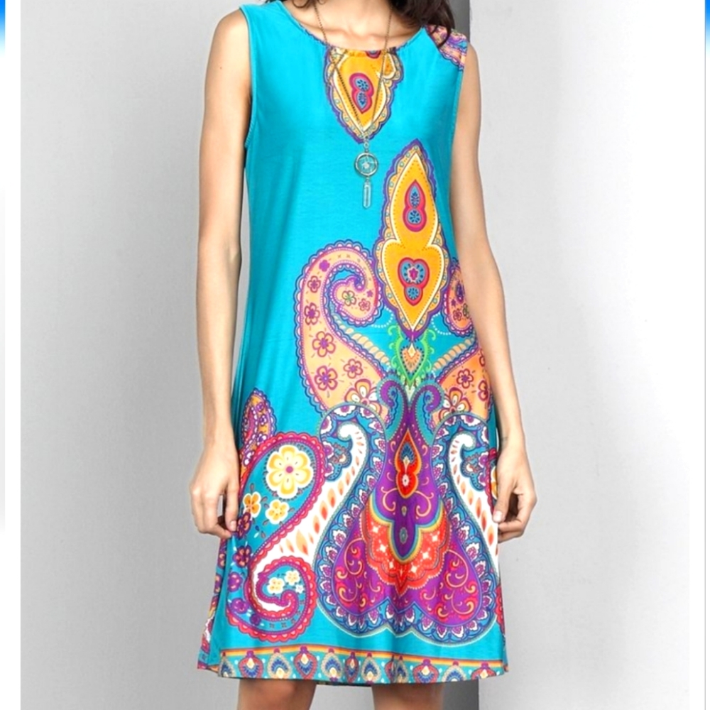 Turquoise Paisley Print Shift Dress